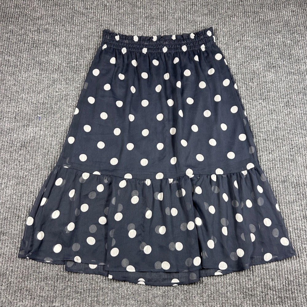 LC Lauren Conrad Skirt Womens L Navy Blue Polka Dot Midi Elastic Waist Tiered